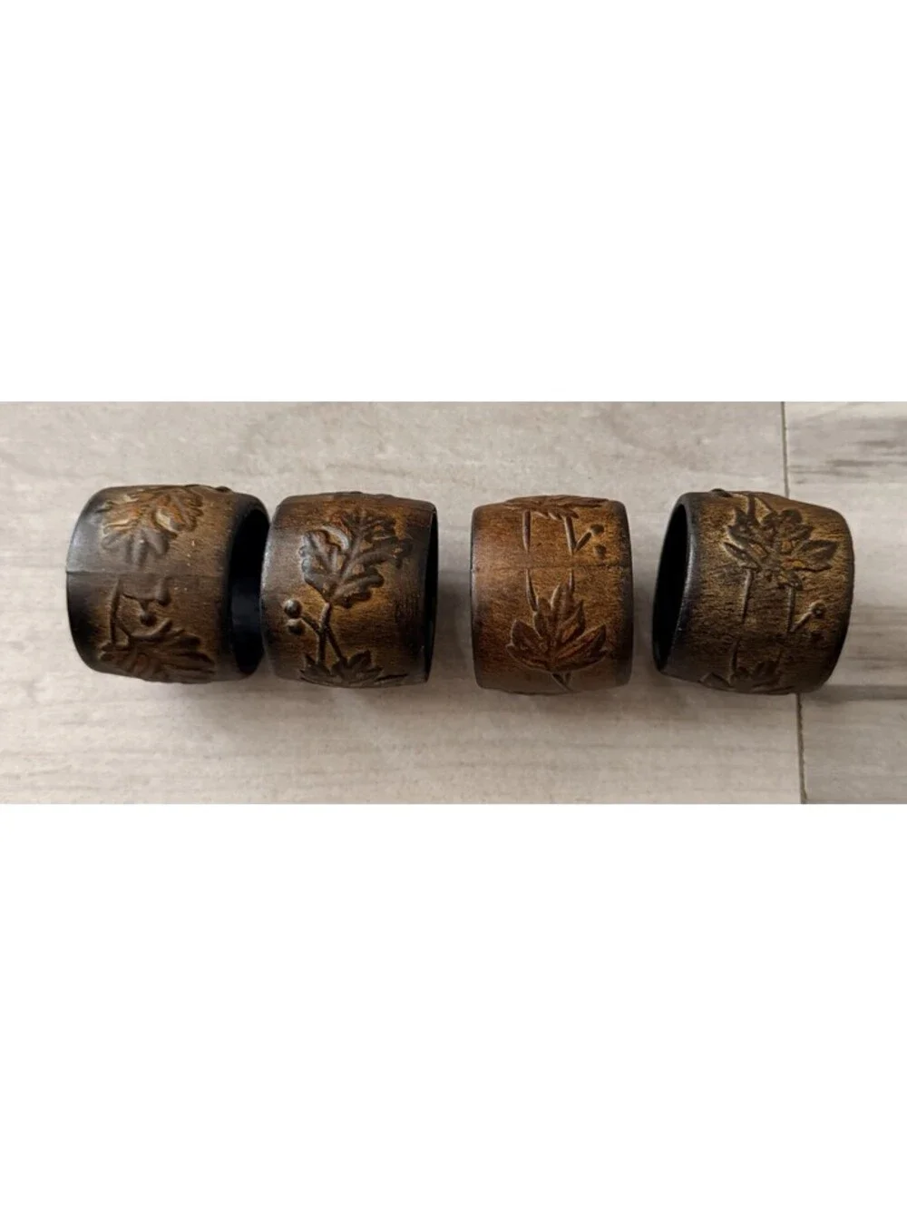 Brown Embossed Leaves Napkin Rings Set of 4 Round Rustic Fall